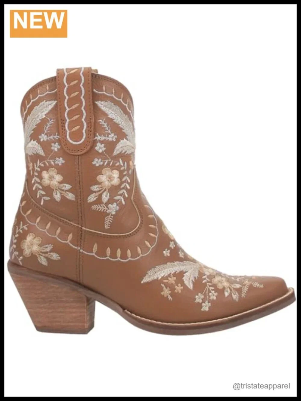 Leather Snip Toe Cowboy Booties Embroidered Floral Pull On Block Heel